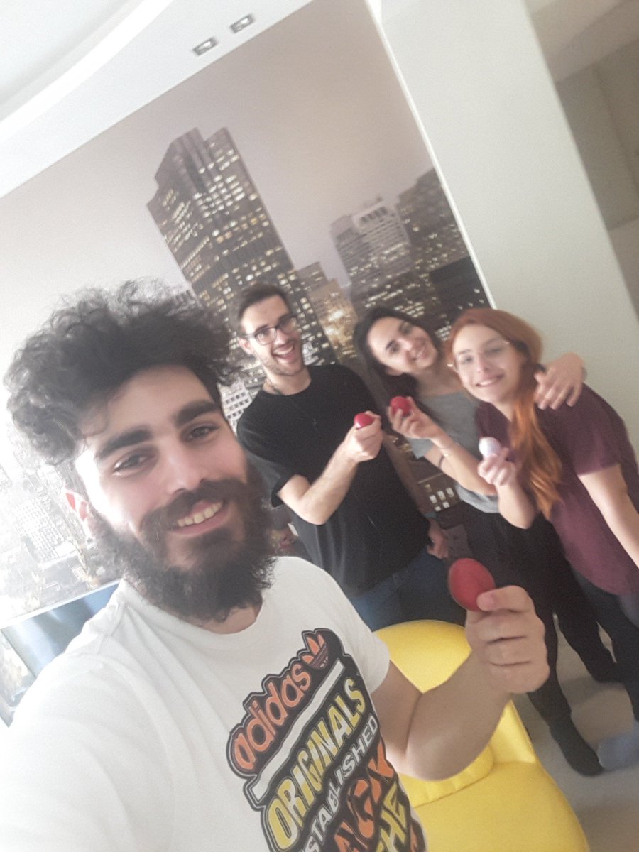 Some good old egg tapping to get the spirits up!!! 
One egg to rule them all...

(Even though Pantelis' hair make him look like a crazy scientist, egg tapping is a common Easter tradition in Greece)