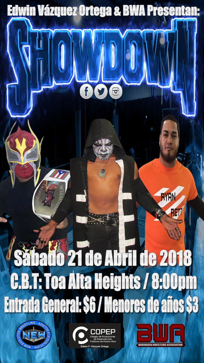 newwrestlingpr's tweet photo. Edwin Vázquez Ortega &amp; BWA Presentan: Showdown "En Vivo" C.B.T: Toa Alta Heights, En Toa Alta. Comenzando a la 8:30pm

Entrada General: $6.00 / Menores de 11 años: $3.00

Cartelera sujeta a cambios / Se prohibe hacer Facebook Live / Nos reservamos el derecho de Admisión https://t.co/lrgwxvm288