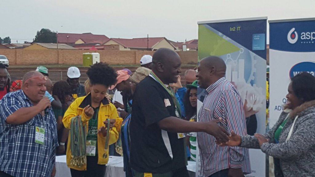 GautengProvince's tweet photo. #PSCG18 Premier receiving his medal from MEC @FaithMazibukoSA - well played Premier @PREMIERSCG https://t.co/SYxDHkJUvU