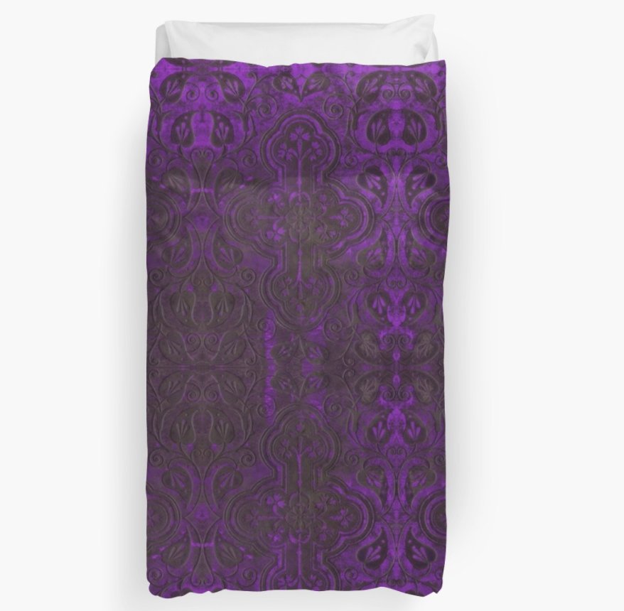 Fancy some Gothic bedding to play monsters in? Here's my gothic bedding, goo.gl/gP85MH purple carved cover of an 1860s Pilgrim's Progress, #gothicsundays #gotgoth #gothic #gothicbedding #gothicbedroom #gothicdecor #gothdecor #purple #purplebedding #purpledecor