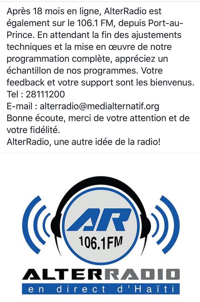 AlterRadio 106.1 FM (@alterradiohaiti) on Twitter photo 