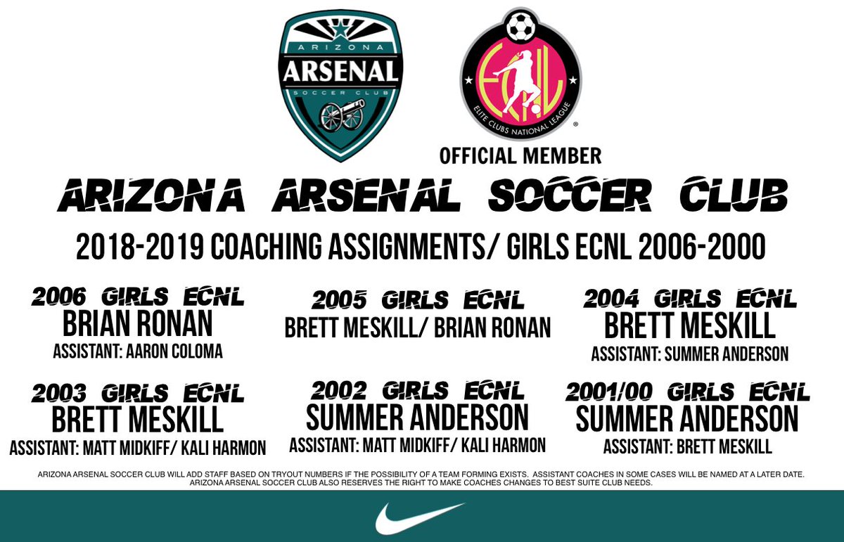 AZArsenalSC's tweet image. Arizona Arsenal Soccer Club is excited and proud to release its 2018-19 Coaching Assignments.  Girls @theECNL 2005-2000
