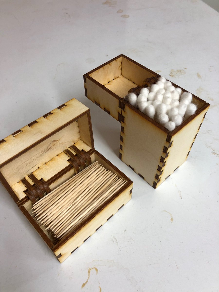bbum's tweet image. More fun with #glowforge (#WhatMadeThis). These are a couple of practical boxes to hold toothpicks and cotton swabs on the workbench.  I’ll make fancier versions out of maple ply for the kitchen and bathroom.

glowforge.us/KqfKmN (Yes, discounts are still available :).