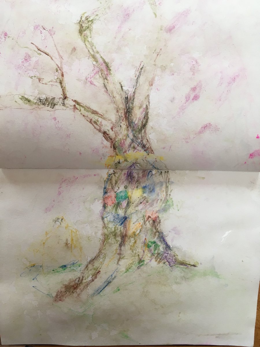 sj_unwin's tweet photo. Having warmed up with some continuous line sketches of the magnificent Abbeydale Park Rise cherry trees at today’s blossom party started using my water colour crayons and down came the rain @streettreeart #SaveSheffTrees #TheWorldIsWatching  #NoMoreFelling https://t.co/9RqBb6IWeD