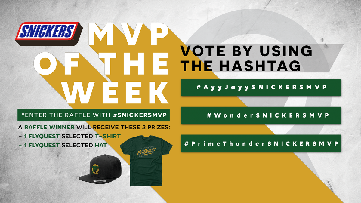 FlyQuest's tweet photo. Promotion Tournament inbound! #FLYRL boys finish 1st in #RIVALS with a stellar season, after only dropping one game.
While they're all MVPs, there can only be one @SNICKERS MVP of the Week. Vote below and use #SNICKERSMVP for a chance to add some green & gold to your closet. https://t.co/NQxY05nH7o
