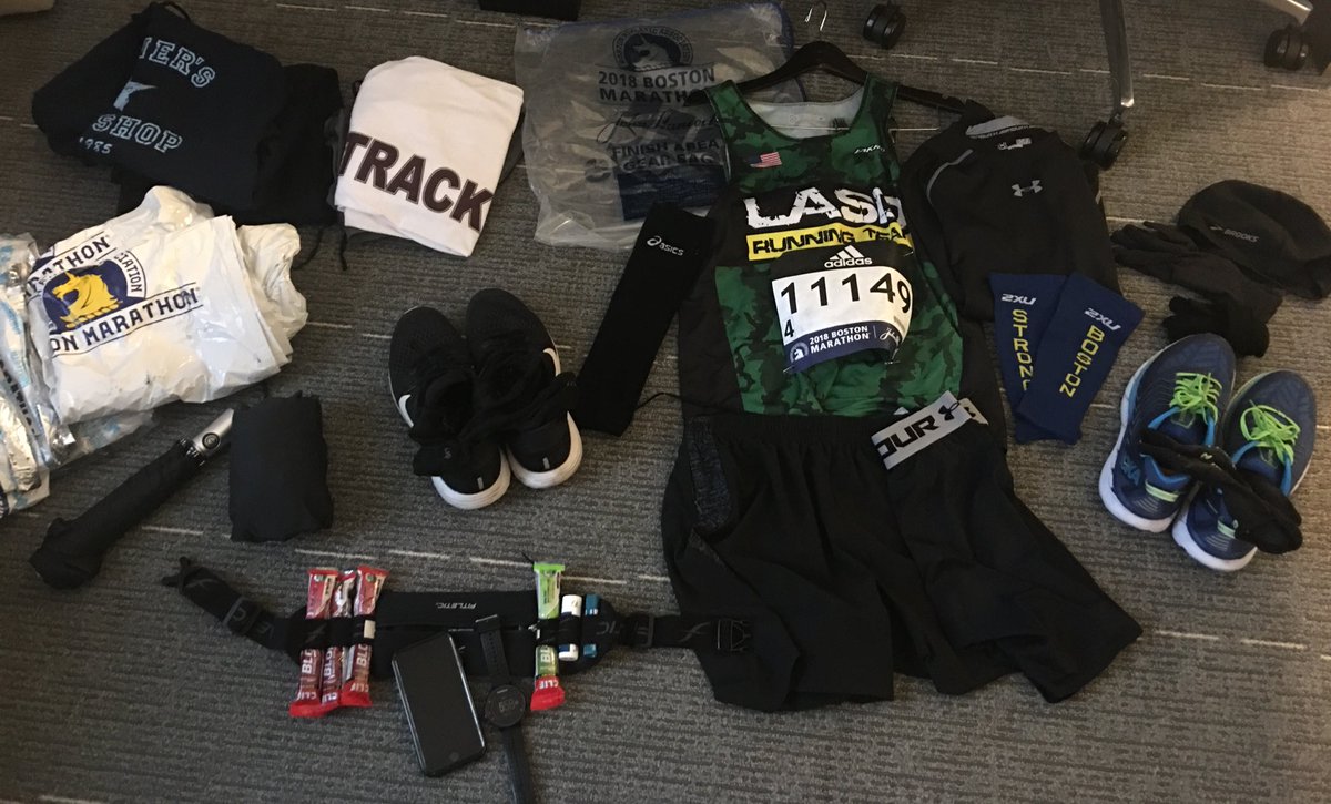 Serg26pt2's tweet photo. Got the pre-race and race kit ready to go for tomorrow’s @bostonmarathon Bring on the the wind and rain! #bostonmarathon2018 #bostonstrong https://t.co/zQ8K2mJHMI