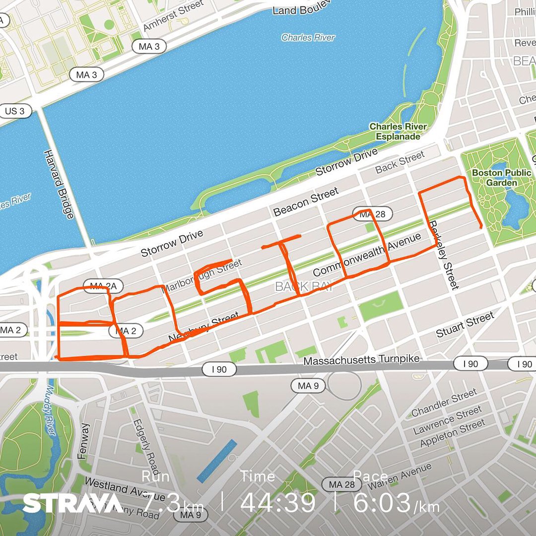CNN's tweet photo. To commemorate the 5th anniversary of the Boston Marathon terrorist attack, a group of runners used GPS tracking on a 4.5-mile course across the city to spell out "Boston." This image is from Michael Wardian's running app, Strava. https://t.co/anth4HNks3 https://t.co/Ze35O9hS4N