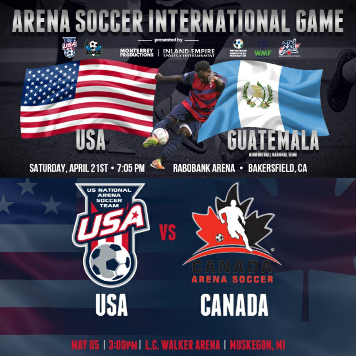 usasoccer567's tweet photo. Upcoming games in Bakersfield, California &amp; Muskegon, Michigan! #GoUSA #USAvsGuatemala #USAvsCanada #ArenaSoccer #indoorsoccer #soccer https://t.co/I922Xxr8hy