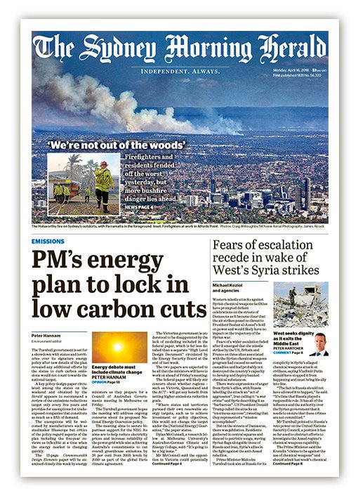 The front page of <a href="/SMH/">The Sydney Morning Herald</a> says it all really: Turnbull govt undermines efforts to tackle climate change as bushfires--IN MID APRIL--are burning in south-west Sydney. Shocking! #ClimateImpactsAus #Auspol