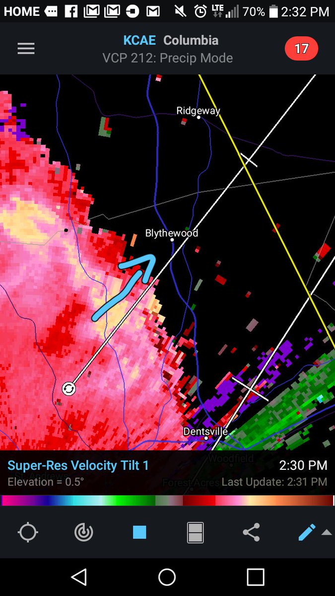 StormchaserNYC's tweet photo. #SCWX damaging winds in excess of 70 miles per hour are currently bearing down on the town of #BlythewoodSC #RidgewaySC this line of storms had already produced a brief tornado. Seek shelter now! Widespread and extreme wind damage is expected from this line of violent storms. https://t.co/xuUetlv1kb