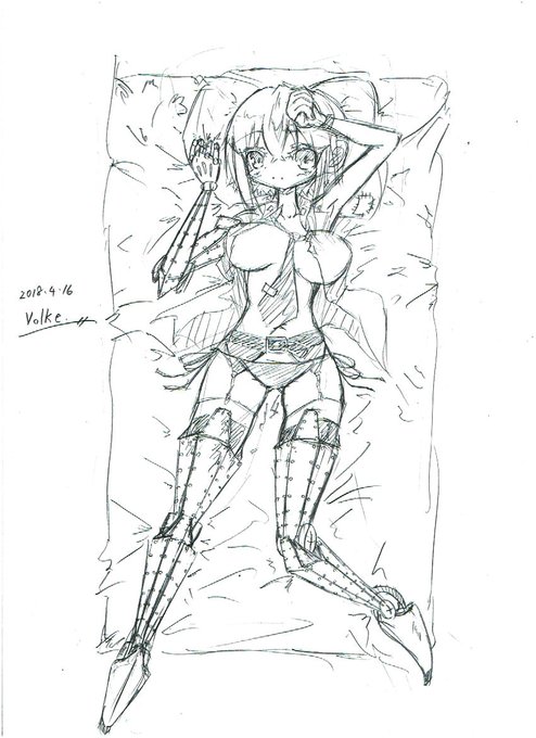 うちの子『ヘルミーネ』ちゃんアナログ絵(抱き枕風)です #うちの子 #オリジナル #オリキャラ #創作 #創作キャラ #メカ娘 #メカ #義手 #義足 #抱き枕風 #抱き枕 #全身絵 #アナログ #アナログ絵 