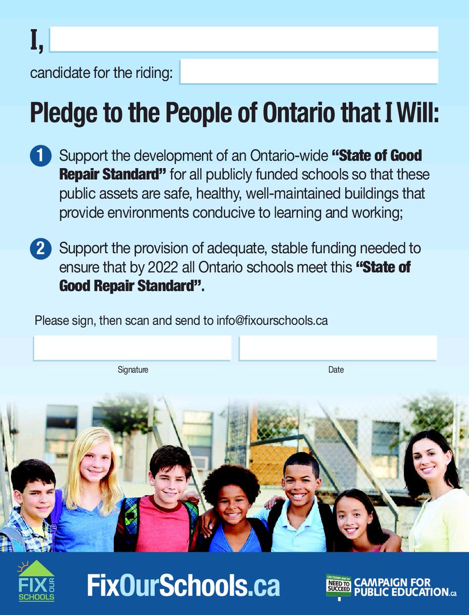 MPlatt4's tweet photo. Working with @cpe_TO to raise awareness of $15+billion ($4B at #TDSB alone) #RepairBacklog in Ontario's #PublicSchools. Get your MPP candidate to sign @Fix_Our_Schools pledge to develop & fund #StateOfGoodRepairStandard for #Ontario's #PubliclyFundedSchools| @OSSTFtoronto https://t.co/tz4yPQuGVO