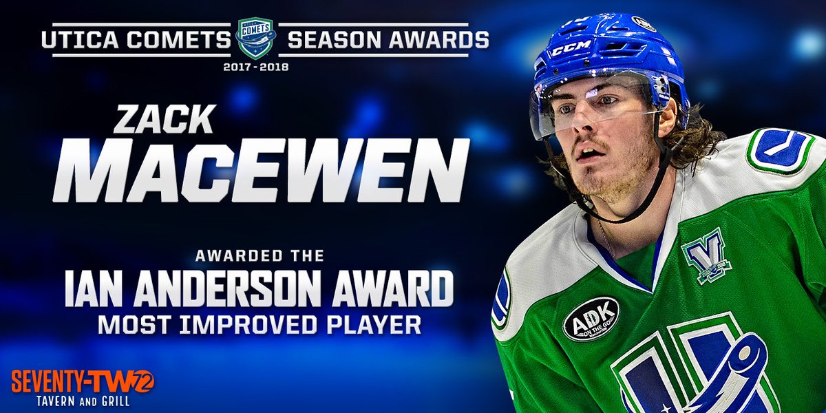 UticaComets's tweet photo. .@zmacewen11 is the 2017-18 Ian Anderson Award winner. The rookie earns the honor of most improved player after a season of solid growth totaling 32 points, 11 of which on the power play. https://t.co/kdsMGLRJaT