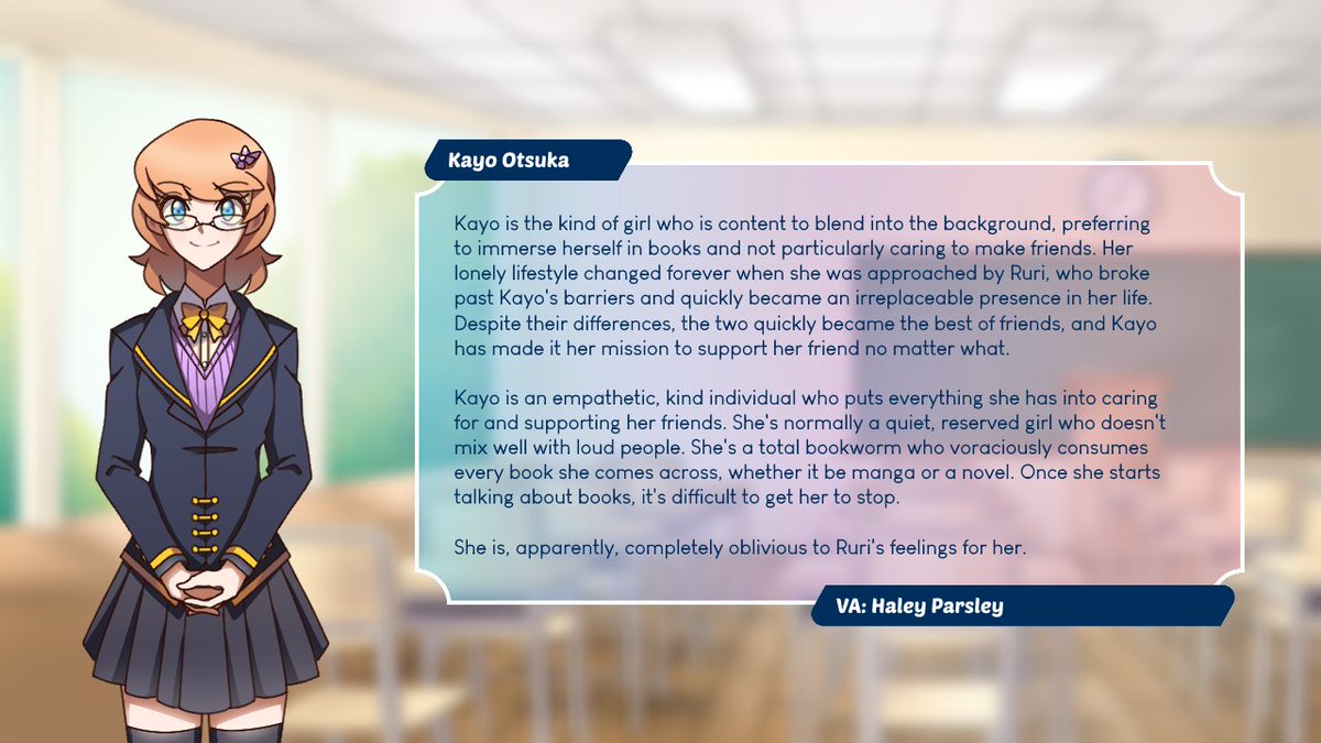 pajamapro's tweet photo. Second up on the intro list is none other than main character's love interest, Kayo Otsuka! #indiegame #visualnovel #yuri https://t.co/5jBi5VODSt