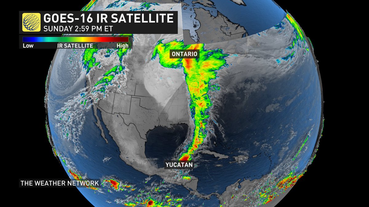 erinwenckstern's tweet photo. Storm stretches from northern Ontario all the way down to the Yucatan peninsula. About 3400 km OR more than HALF of Earth's radius (6371 km). #ONstorm #IceStorm2018 https://t.co/jzbus95Yrj
