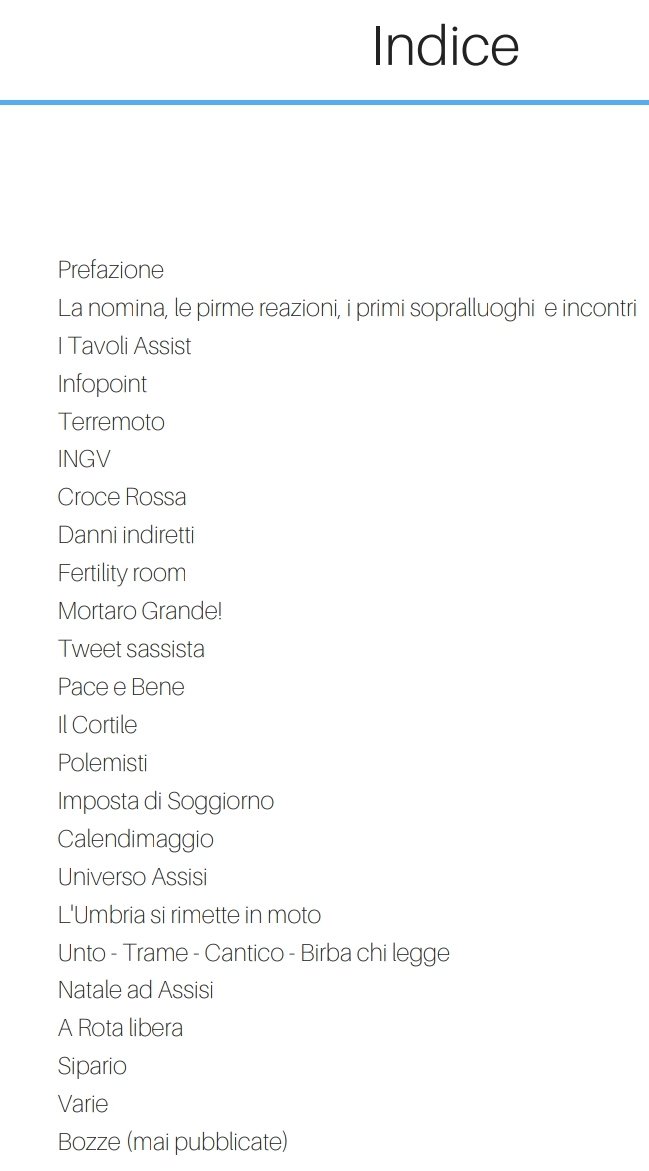 Vadodifritto's tweet photo. Questo è l'indice del mio istant book dal titolo #Assissore
20 mesi raccontati attraverso Twitter. Un bilancio serio ma anche un po' leggero di ciò che ho fatto in @cittadiassisi durante questa bella avventura di amministratore pubblico. In settimana vi dirò dove trovarlo... https://t.co/7a3NAlBl38