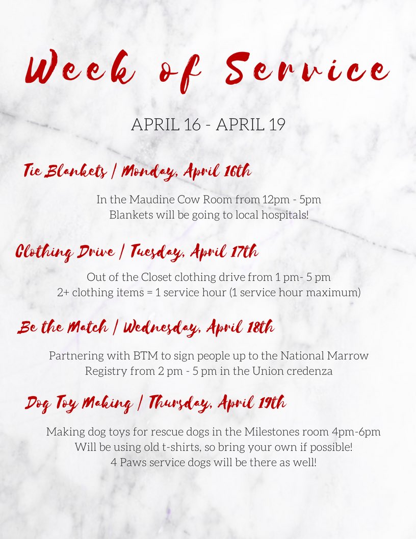 Be sure to mark your calendar! Week of service begins tomorrow!