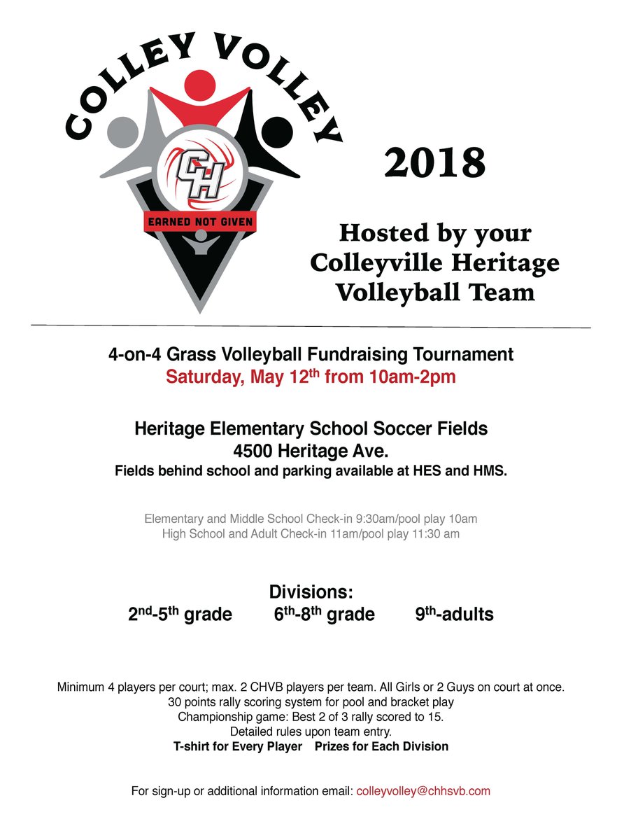 chvbboosters's tweet photo. Join @VB_CHHS for ColleyVolley 2018 on Saturday, May 12 from 10am-2pm as we put the fun in fundraising at our annual 4-on-4 grass tournament! @chhspanthers @CHPantherPride Email ColleyVolley@chhsvb.com for signups and details. https://t.co/Wg1kX8sb3p