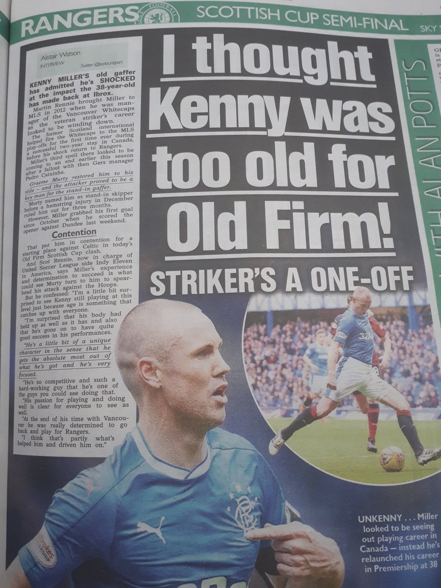 Great coverage of my interview with <a href="/Renniecoaching/">Martin Rennie</a> about Kenny Miller in today's <a href="/scotsunsport/">Scottish Sun Sport</a>. #Rangers could have done with him against #Celtic in today's Scottish Cup semi-final #OldFirmDerby