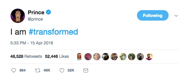 Housequake's tweet photo. This tweet was sent two years ago today. "I am #transformed". What do you think he meant by saying this? #Prince https://t.co/eaK5h2Z318