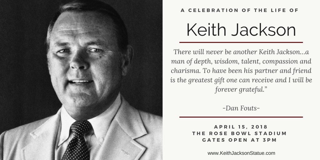 RoseBowlStadium's tweet photo. Join us today to celebrate the life of one of the greatest broadcasters, Keith Jackson! This event is free and open to the public! If you cannot make it, join us on Facebook when we go live at 4pm! https://t.co/aC2c0YbdiT https://t.co/OHJVacR7XD