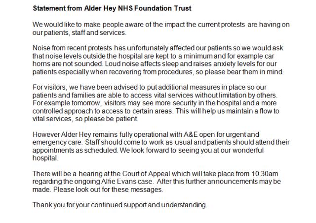 AlderHey's tweet image. Statement from Alder Hey regarding the impact of current protests - alderhey.nhs.uk/impact-protest…