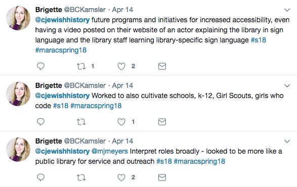 cjewishhistory's tweet photo. We're so very proud to have such an eloquent &amp; knowledgable part of our #library staff representing us at #MARACSpring18 this weekend! Thank you @mjmeyers for presenting on our pursuits of more inclusive library accessibility and community collaboration! @MARACtweets #s18 https://t.co/g76icfSTeL
