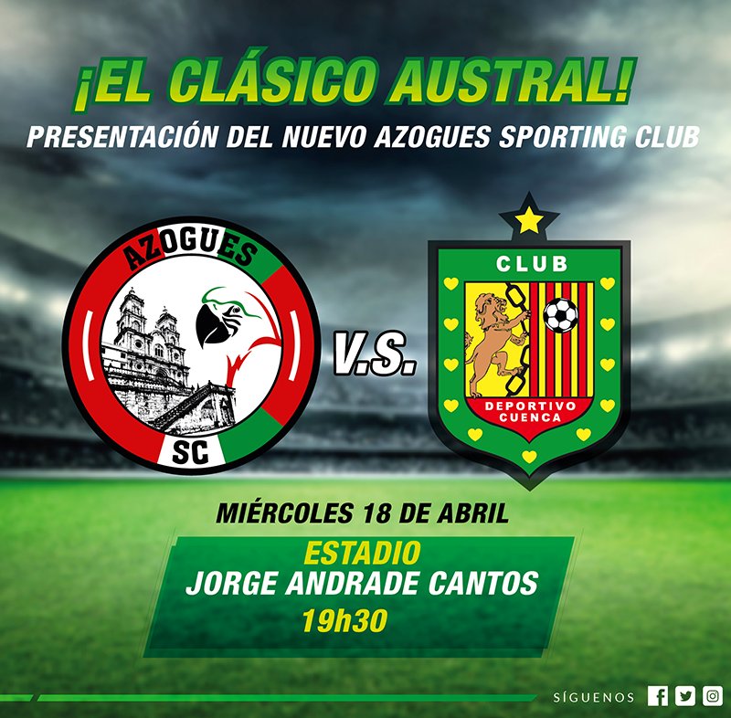 Azogues_SC's tweet photo. Miércoles 18 de Abril el Clásico Austral!! Entradas en las boleterías del Estadio Jorge Andrade Cantos(Azogues) y Bow Sport(Cuenca):
- Preferencia $3
- Tribuna $6
- Palco $8
Te esperamos!!
#azoguesSC #nocheazoguena #clasicoaustral #elnuevoazogues https://t.co/dWHgbddPV2