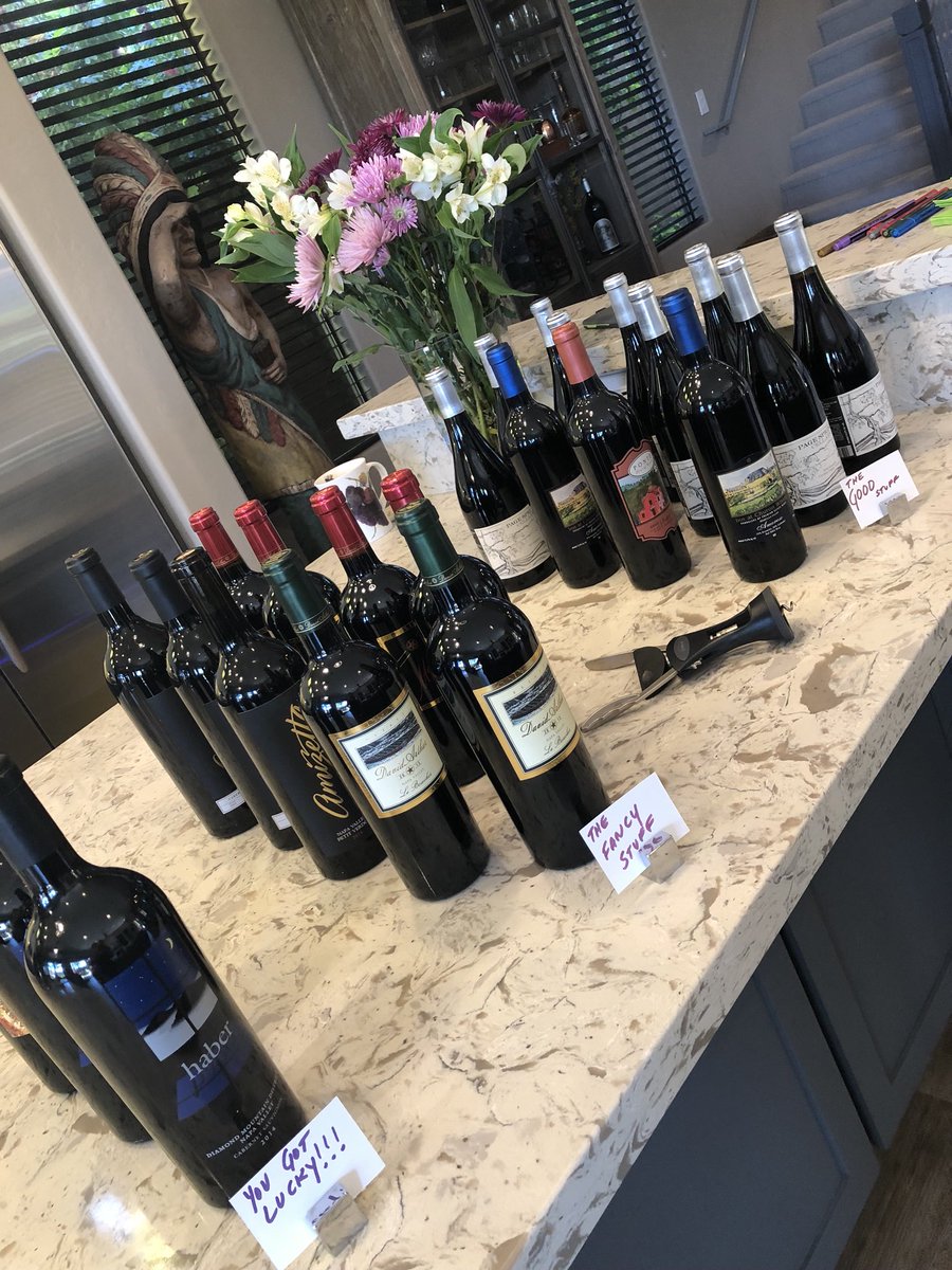 Now this is how my clients/friends Ari & Melissa host a wine party! #yougotlucky #thefancystuff #thegoodstuff  I see Ron Haber and Amizetta Vineyards and Winery in the mix!! And of course love the ‘Wine-O’ necklace ❤️