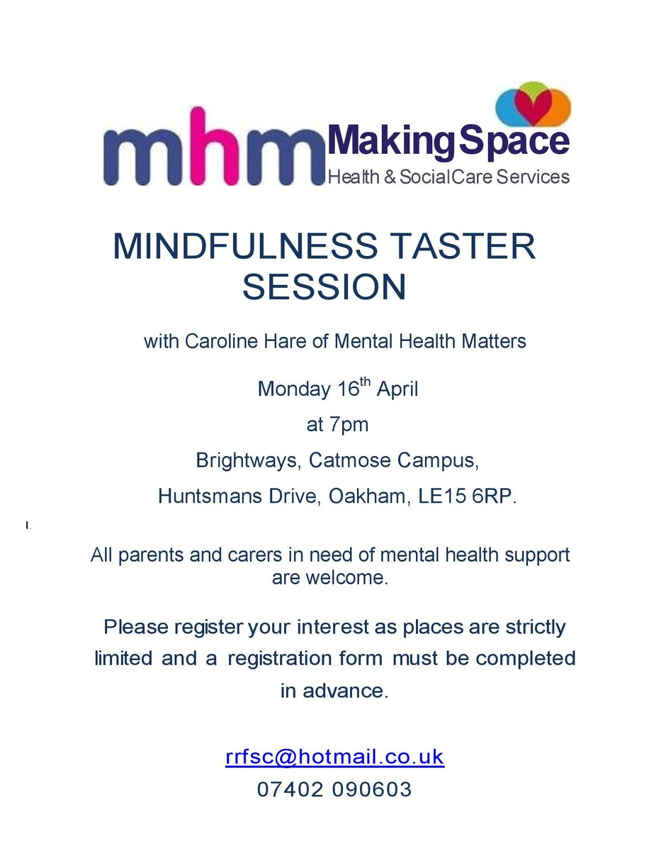 RRFSC2's tweet photo. MINDFULNESS TASTER SESSION
We still have a few places available on this session tomorrow evening.
Please contact us to register if you would like to come along. https://t.co/jnNA6CjdW8