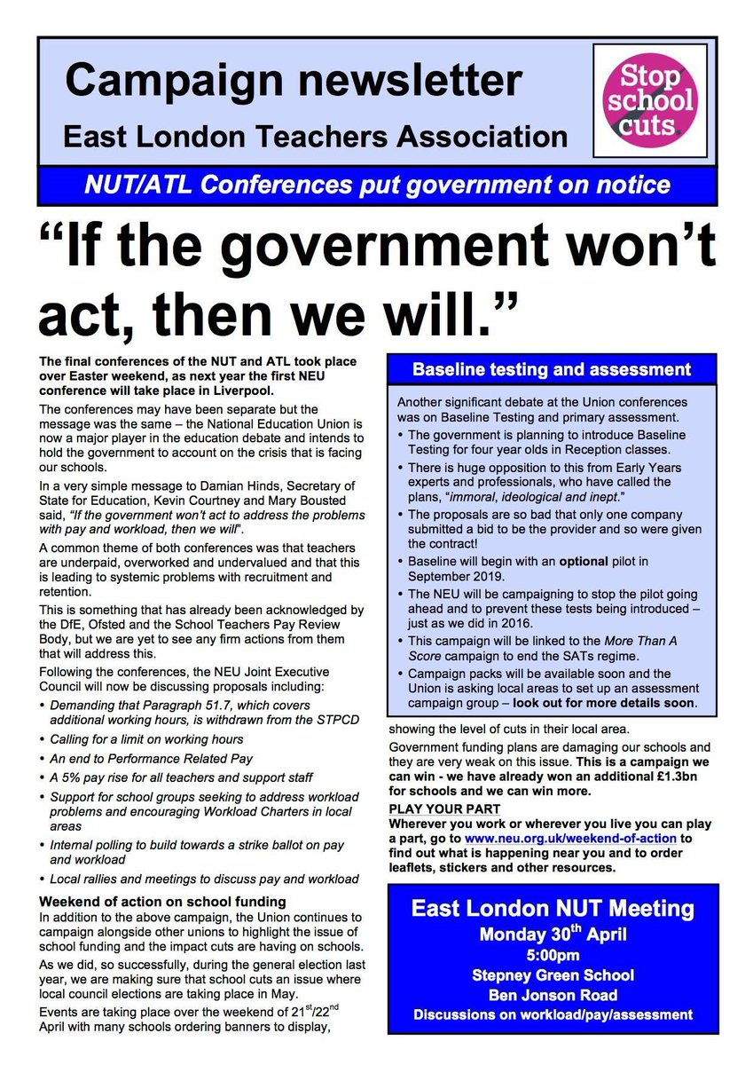 EastLondonNEU's tweet photo. Campaigning after @NUTonline conference #NUT18 here is our latest newsletter @cyclingkev https://t.co/kzxnbu26yL