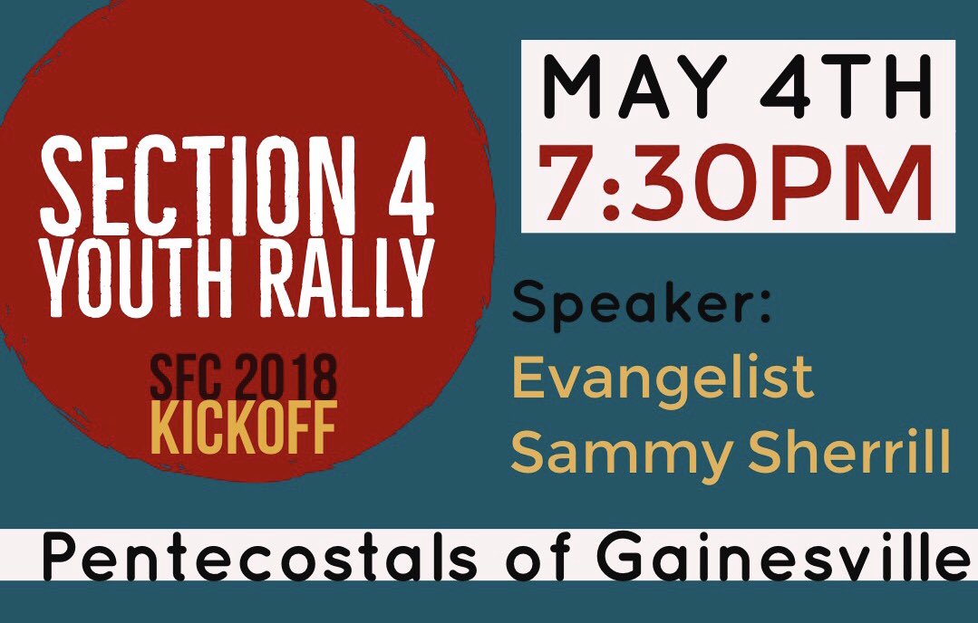 Section4FL's tweet photo. Section 4 (and whoever else who would like to come)!!!
This is our #SFC2018 Kickoff! 
Evangelist Sammy Sherrill will be ministering!
Spread the Word and see you there!!! https://t.co/SWZuKVC6qI