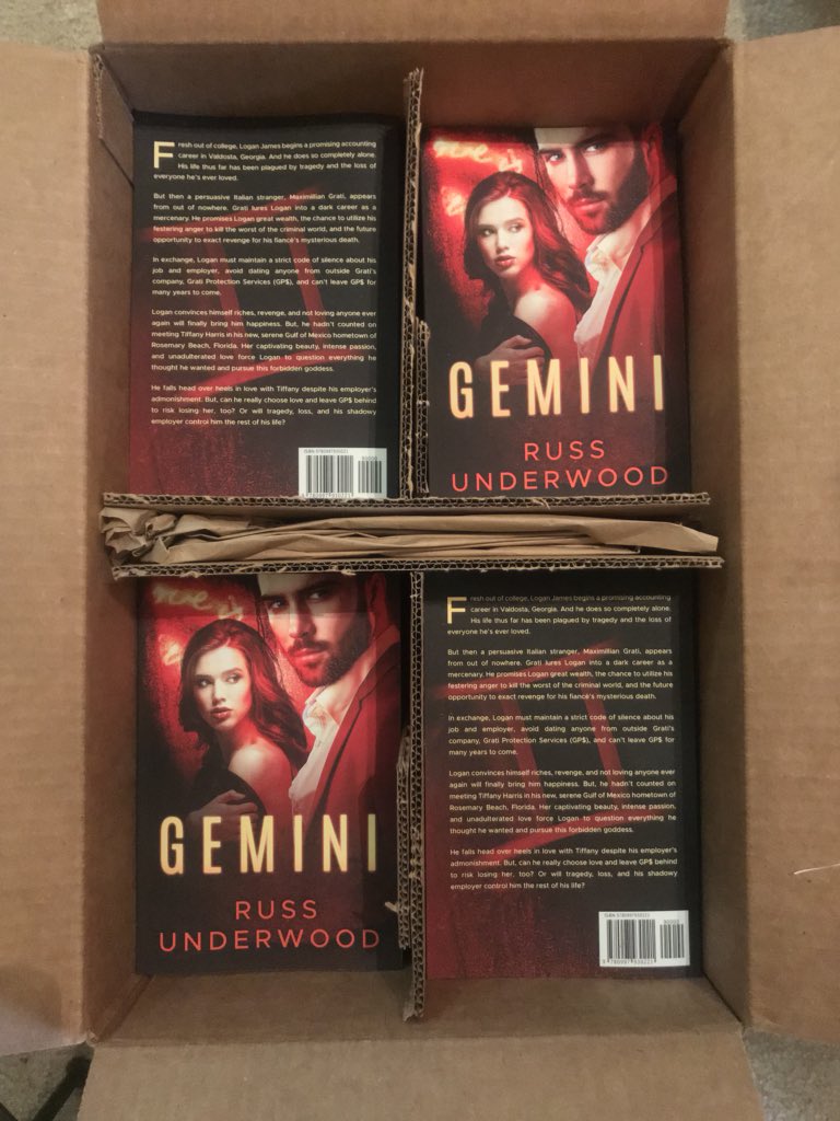 underwoodauthor's tweet photo. My first order of author copies of GEMINI has arrived! PM me if you want a signed copy. I have paperbacks for $12 plus shipping. Paperback &amp; Kindle version links to purchase from Amazon are also on my website https://t.co/Z6uC1plsZo. 📚📚📚 https://t.co/2X38Kj25bI