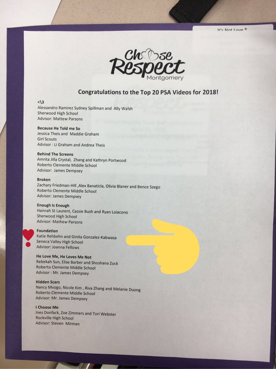 SenecaValleyGSA's tweet photo. Representing Seneca Valley at the Choose Respect Montgomery College, congratulations to @mommatortuga and @katierehbehn for making it in the Top 20 PSA Videos list ! https://t.co/tLt2OGE9nw