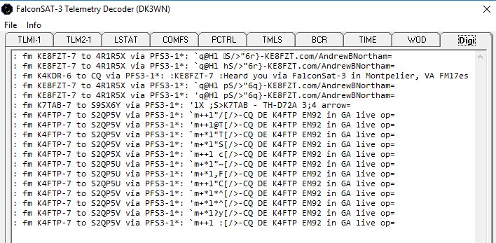 n6rfm's tweet photo. 1633Z, and Falconsat-3 Several passes today from FN41 15April18 at 1455Z, 1815Z and 1951Z. #WISP #UZ7HO 9K6 modem @dk3wn decoder, telemetry to @SatNOGS. Nice to see @scott23192 #KE8FZT, @K7TABravo and #K4FTP working it! ππ https://t.co/dSG9CpVccD