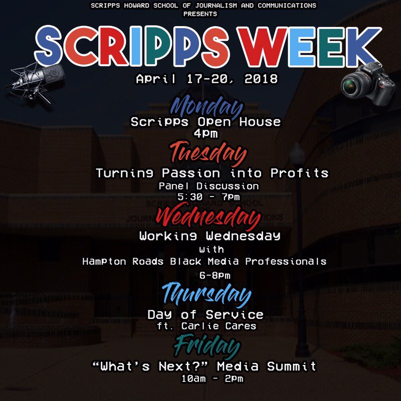 x0nia_'s tweet photo. Hampton University's Scripps Howard School of Journalism and Communications is excited to present our first annual Comm. Week! Come out this week to learn more about our program and prepare for your next professional endeavors. #CommWeek2018 https://t.co/sQ5QBnCmHU
