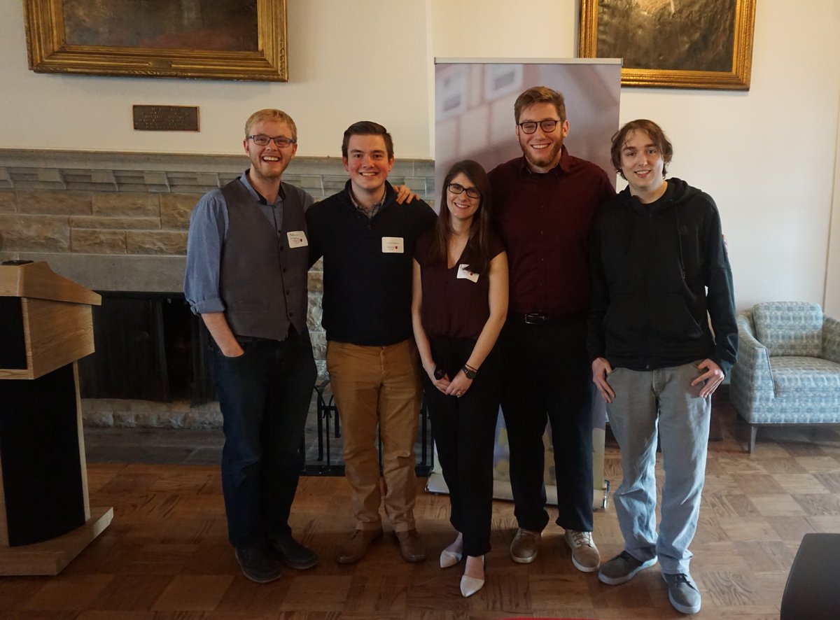 HistoryHuron's tweet photo. Cameras flashing last week #CURL18 for Patrick (Public History RA & CURL Fellow); @ThatMattPatt (British History Travel Award '18); Emma (CURL Fellow); Evin (CURL Fellow) & Tom, Community History Intern '18 @HistoryHuron @neilorford1 @HuronResearch Amazing work @huronatwestern https://t.co/H12ej76GU7