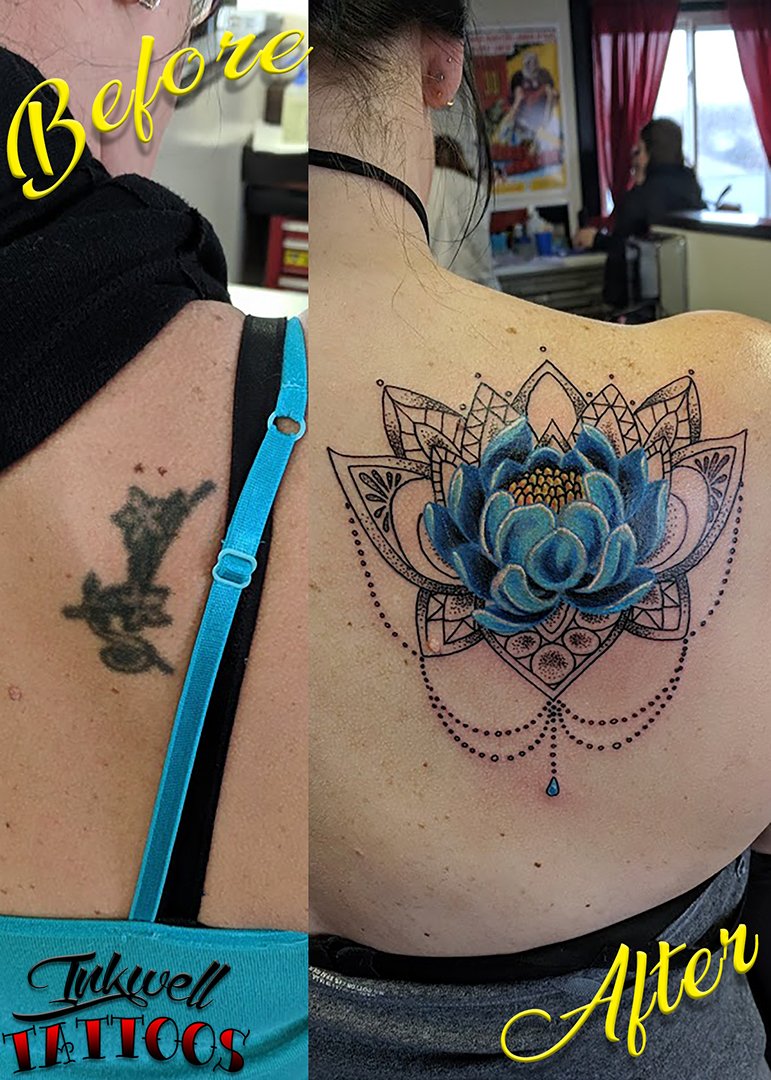 Steve just finished doing this lotus/mandala coverup. Thanks so much,  Jillian! \u003d) #tattoo #tattoos #inkwell #inkwelltattoo #ink #bodymod  #bodymodification #art #lotustattoo #inkwelltattoos #colortattoo # mandalatattoo #coveruptattoo, image size:771x1080