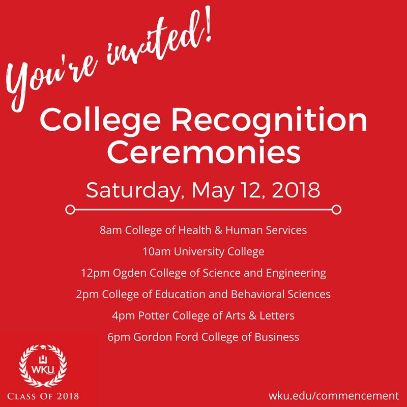 wku's tweet photo. You're invited to WKU's 183rd Commencement! A university-wide commencement ceremony will be held Friday, May 11 with colleges holding Recognition Ceremonies on Saturday, May 12. For information on parking, accommodations, and more, visit https://t.co/70FcR6SVsu. #WKU #WKUGrad https://t.co/4UJTn3z24r