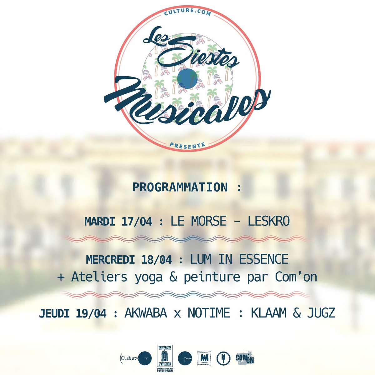 CulturePointCom's tweet photo. Les Siestes Musicales sont de retour pour une troisième édition !

Avec : Le Morse, Leskro, LUM IN ESSENCE, Akwaba x No time : Klaam &amp; Jugz. 

Rendez-vous dans les jardins de l’Université de 12h à 14h du 17 au 19/04 !

#siestesmusicales #avignon #culturepointcom https://t.co/Ww6hN9iJIN