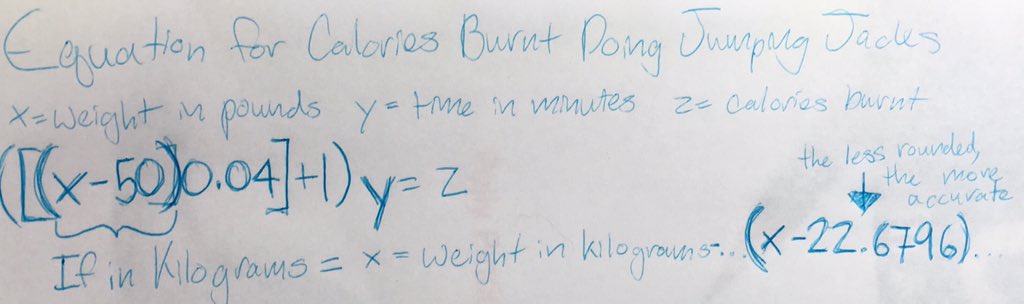sky_foxwell's tweet photo. Equation I made for calories burned doing jumping jacks. I thought it might be useful to someone else. I got my information from https://t.co/QHwb02NbK7 , so if anyone wants to do the math based on the numbers from another site, feel free to correct me. https://t.co/ZrVJ82pRDT