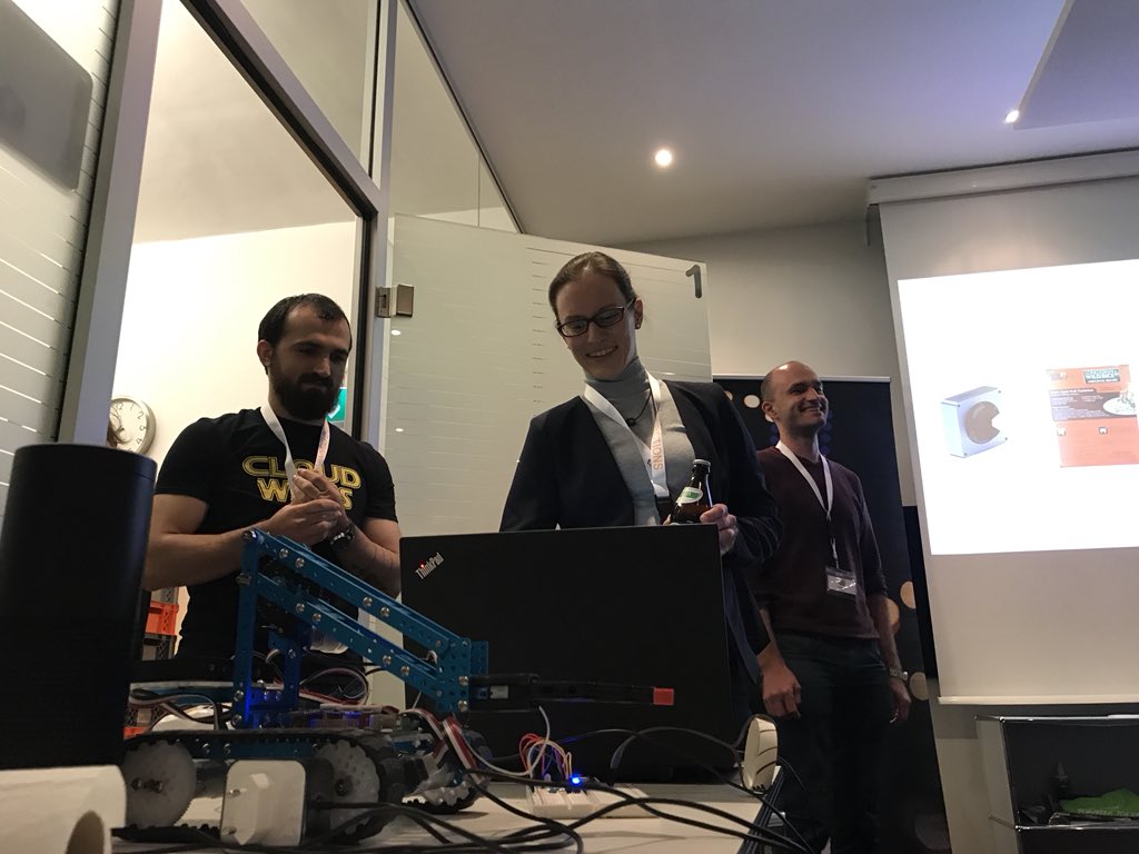 voiceuimunich's tweet photo. Hack for the blind: A sensor detects what kind of ingredient the blind is holding in her hand and Alexa also tells her what she could use it for while cooking. Amazing!!! 💥 💥💥#voiceuimunich #iot #hackathon #alexadevs @alexadevs #hackforblind https://t.co/HTHOLdqXgx