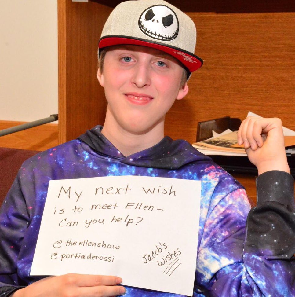 MulhollandWNYT's tweet photo. I sat down with a 16-year-old boy today who chooses to end punishing cancer treatment so he has enough strength to enjoy the life he has left. Jacob Monday tells me that meeting @TheEllenShow is at the top of his #bucketlist.  Retweet to ask her. https://t.co/rk8g0dOLAe