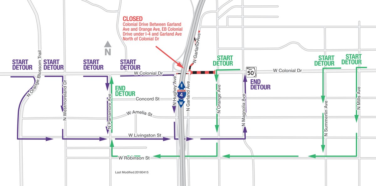 i4beyond's tweet image. Colonial Dr. (S.R. 50) at I-4 in Orlando is closed through early Tuesday for bridge work. Inclement weather or other conditions could alter the schedule. More information at: fdot.tips/2H4HRPO
