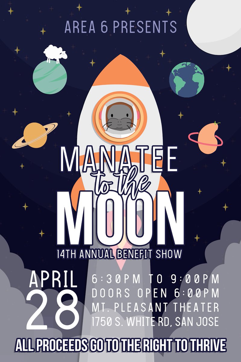 MPHSInteract's tweet photo. Area 6’s 14th Annual Benefit Show: Manatee to the Moon
Saturday, April 28th, 2018
6:30 to 9:00pm, Doors open at 6:00pm

Location:
Mt. Pleasant HS Theater
1750 S White Rd. San Jose, CA 95148

Ticket Prices:
$8 preorder
$10 at the door

In Area 6:
Contact your school officers! https://t.co/bJ9CYNX5rv