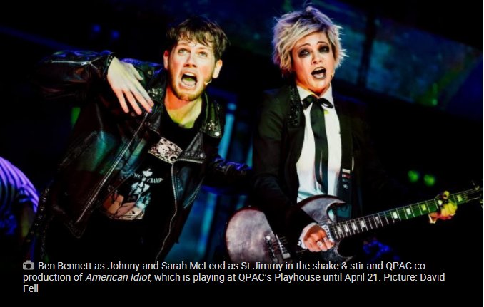 danjohnson1979's tweet photo. My review of the opening night of @shakeandstir &amp; @QPAC's @americanidiotau is now up on the @couriermail website. #AmericanIdiotAU https://t.co/TQuk2Jo1S2 https://t.co/8wK8IbFWHK