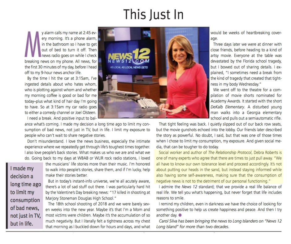 DebraRoberts_1's tweet photo. It's okay to turn off the news when it feels like negative information overload. We need to give ourselves permission to do so. Check out @CarolSilvaNews' article for L.I Woman. I was happy to be quoted in the article which is highlighted below.#TheRelationshipProtocol https://t.co/eC7FiZOYMD