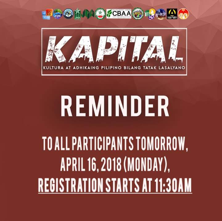 marchesociete's tweet photo. Friendly reminder for today's event: 

📌KAPITAL: KULTURA AT ADHIKAING PILIPINO BILANG TATAK LASALYANO
📌Ugnayang La Salle | 11:30am https://t.co/L8kmrvn8hY