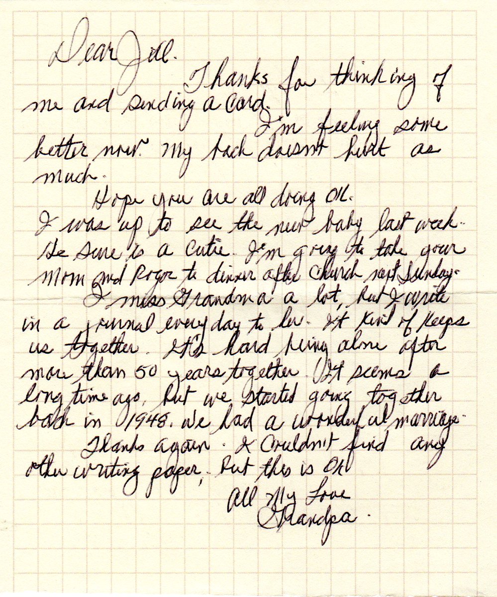 SerendipityJill's tweet photo. For #genealogyphotoaday the theme is #handwritten. I sent my grandpa Archie a card when he was ill after my grandma passed in 2002. His note says he wrote to her every day in a journal to "keep us together" & it was "hard being along after more than 50 years together." #sadletter https://t.co/ZYKyDNCs98