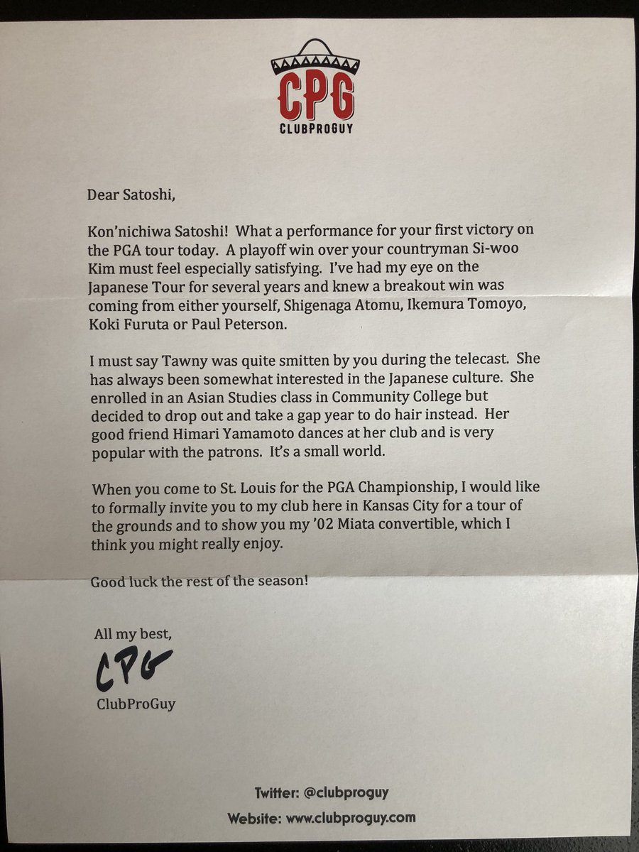ClubProGuy's tweet photo. My congratulatory #letter going out to Satoshi Kodaira on his 1st @PGATOUR victory today. 🇯🇵 https://t.co/Nb5jkNumZ9